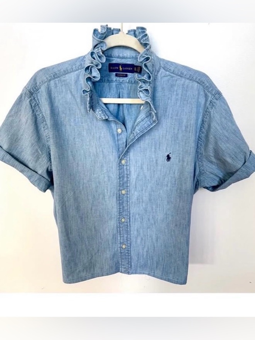 Ralph Lauren Light Blue Ruffle Collar Denim Button-Down Shirt - Picture 1 of 2